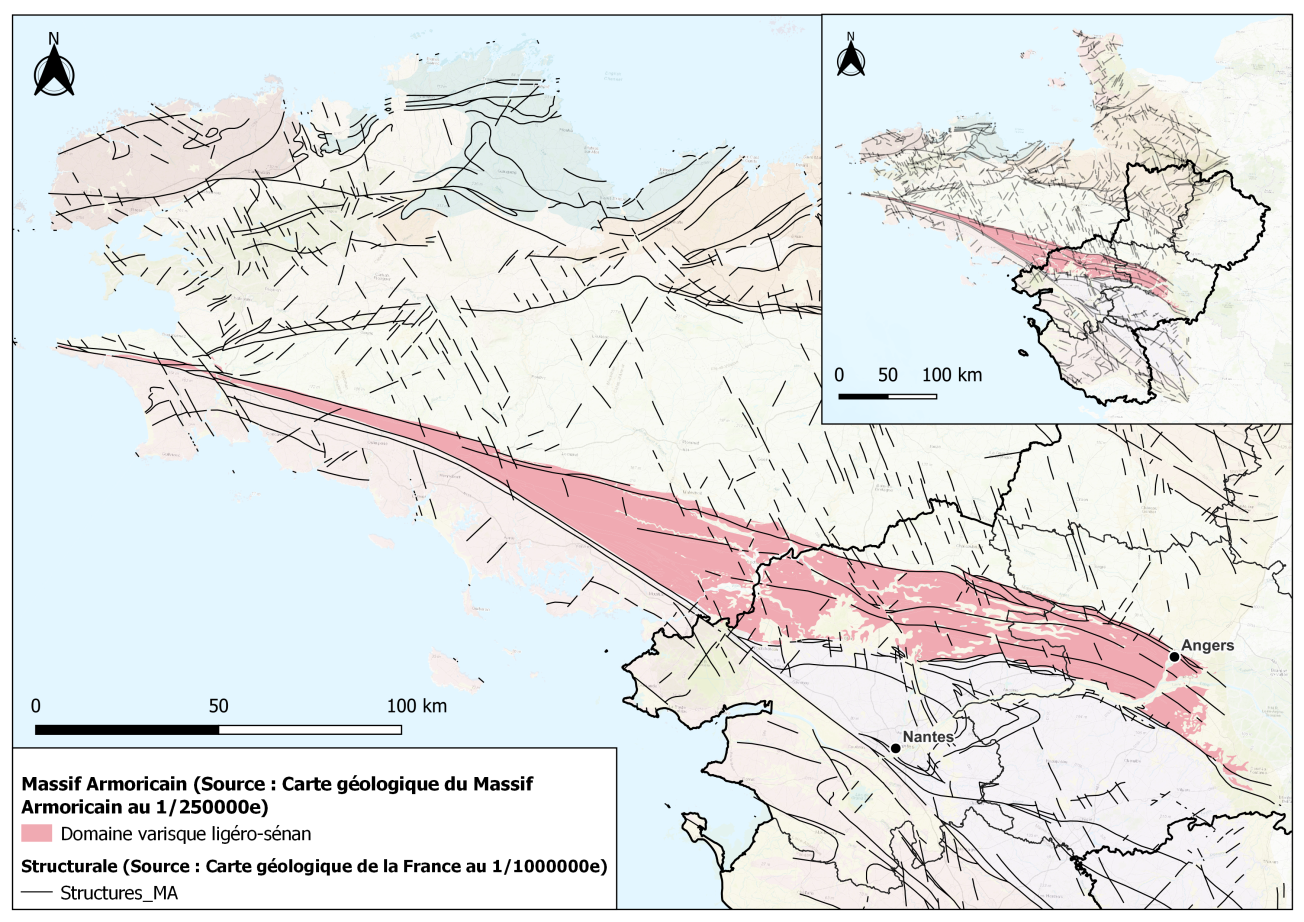 Carte du domaine varisque ligéro-sénan au sein du Massif Armoricain