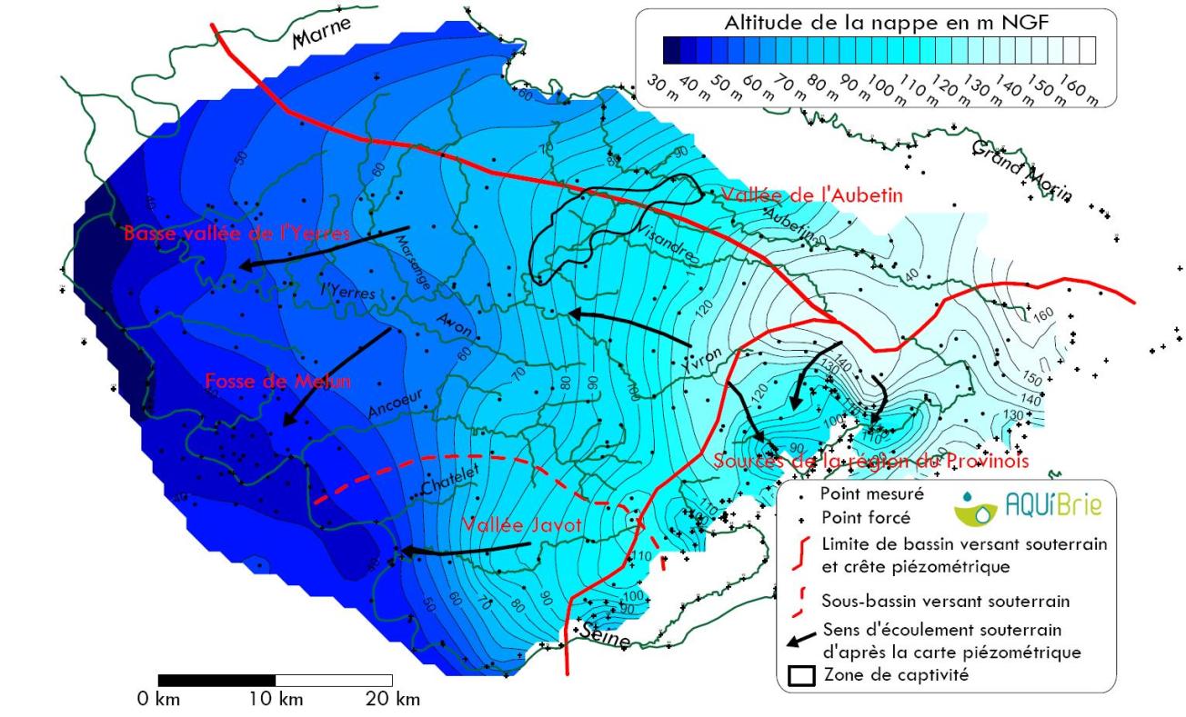 Les sens d’écoulement de la nappe des calcaires de Champigny sur le territoire d’AQUI’ Brie (campagne AQUI’ Brie d’octobre 2003) (Reynaud A., 2012)