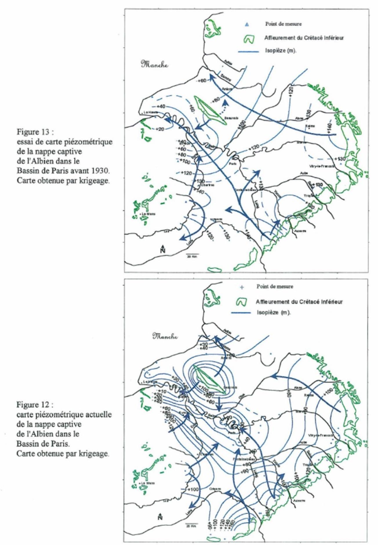Cartes piézométriques avant 1830 (en haut) et en 1999 (en bas) obtenues par krigeage (Raoult, 1999)