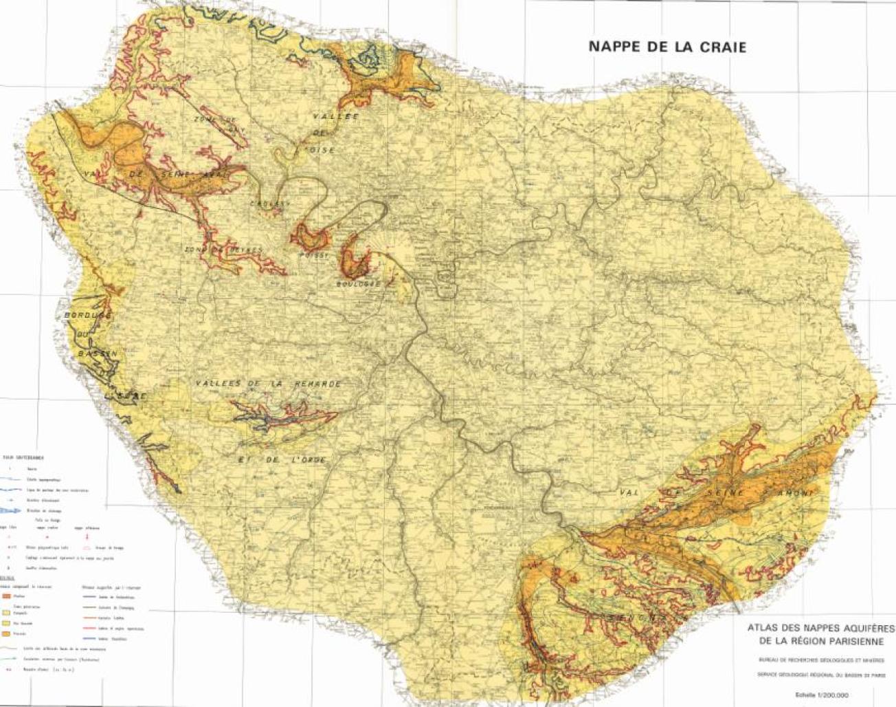 Planche Nappe de la craie : secteurs à forte perméabilité représentés en orange (Mégnien C. et al, 1970)