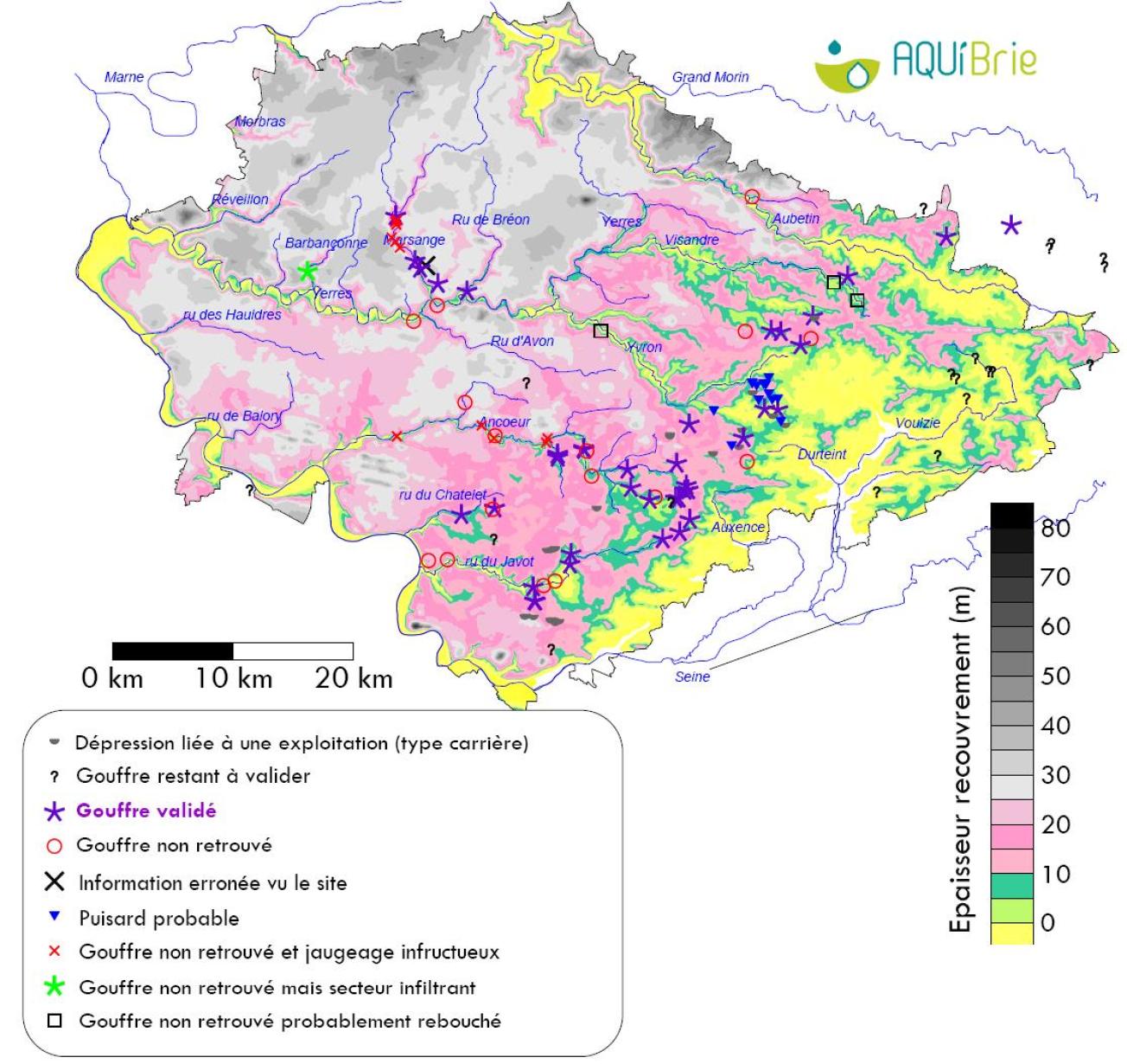 Carte actualisée des gouffres (au 31/12/2011) et épaisseur de recouvrement (Marnes vertes et supragypseuses, Calcaire de Brie, formations de couverture) sur les calcaires de Champigny (Reynaud A., 2012)