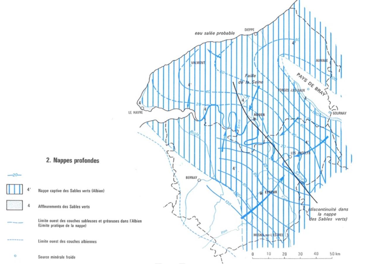 Carte piézométrique de la nappe de l’Albien pour la Haute-Normandie (Atlas des eaux souterraines de la France (BRGM, 1970-1972))