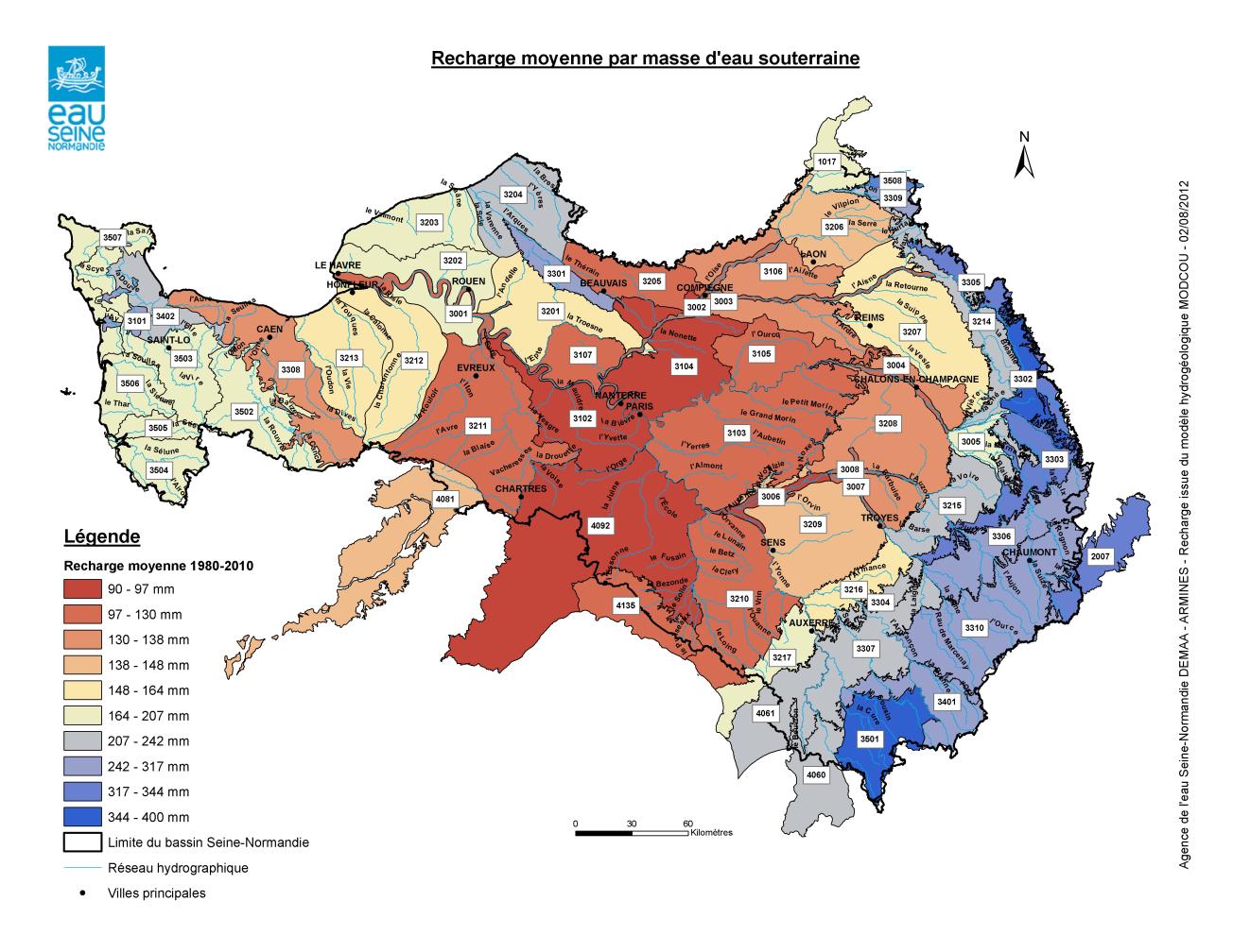 Recharge moyenne par masse d’eau souterraine (Mines ParisTech (ARMINES) - AESN, 2012)