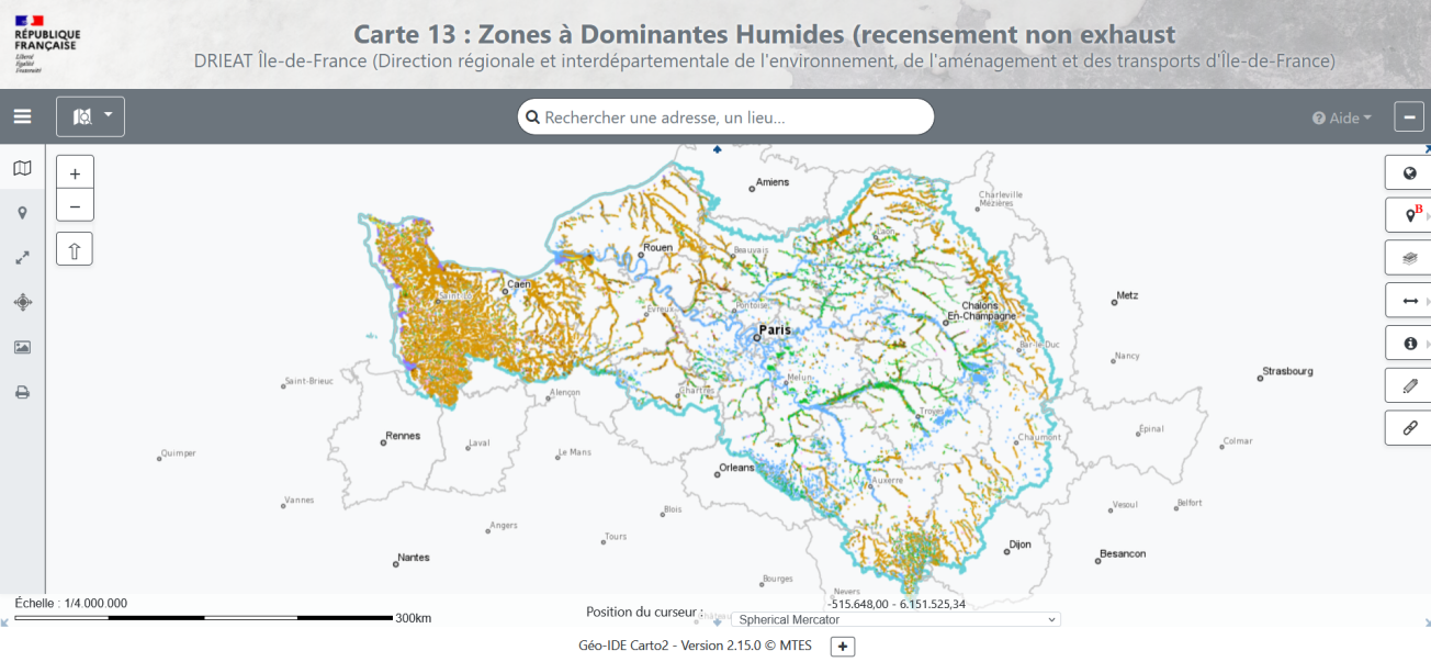 Capture d’écran de la carte dynamique des zones humides diffusée par la DRIEAT
