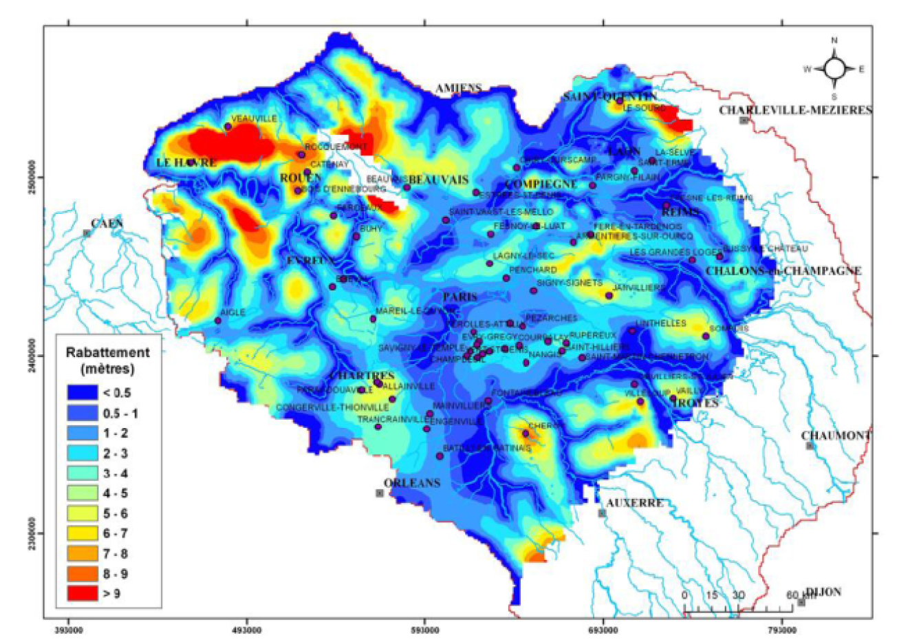 Nappe de la craie - Baisse du niveau moyen de la nappe sur la période 2046-2065 (moyenne des sept modèles de climat) par rapport à la période de référence (1961-1990) (EXPLORE 2070)