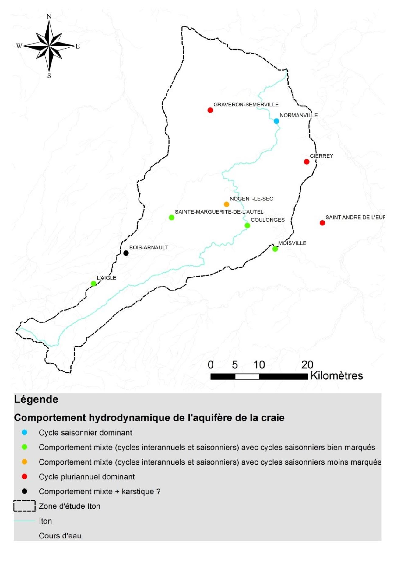 Comportement hydrodynamique de l’aquifère de la craie dans le bassin de l’Iton (dpt 27 et 61) - (Le piézomètre de Normanville mentionné sur ce graphique est le 01501X0002) 