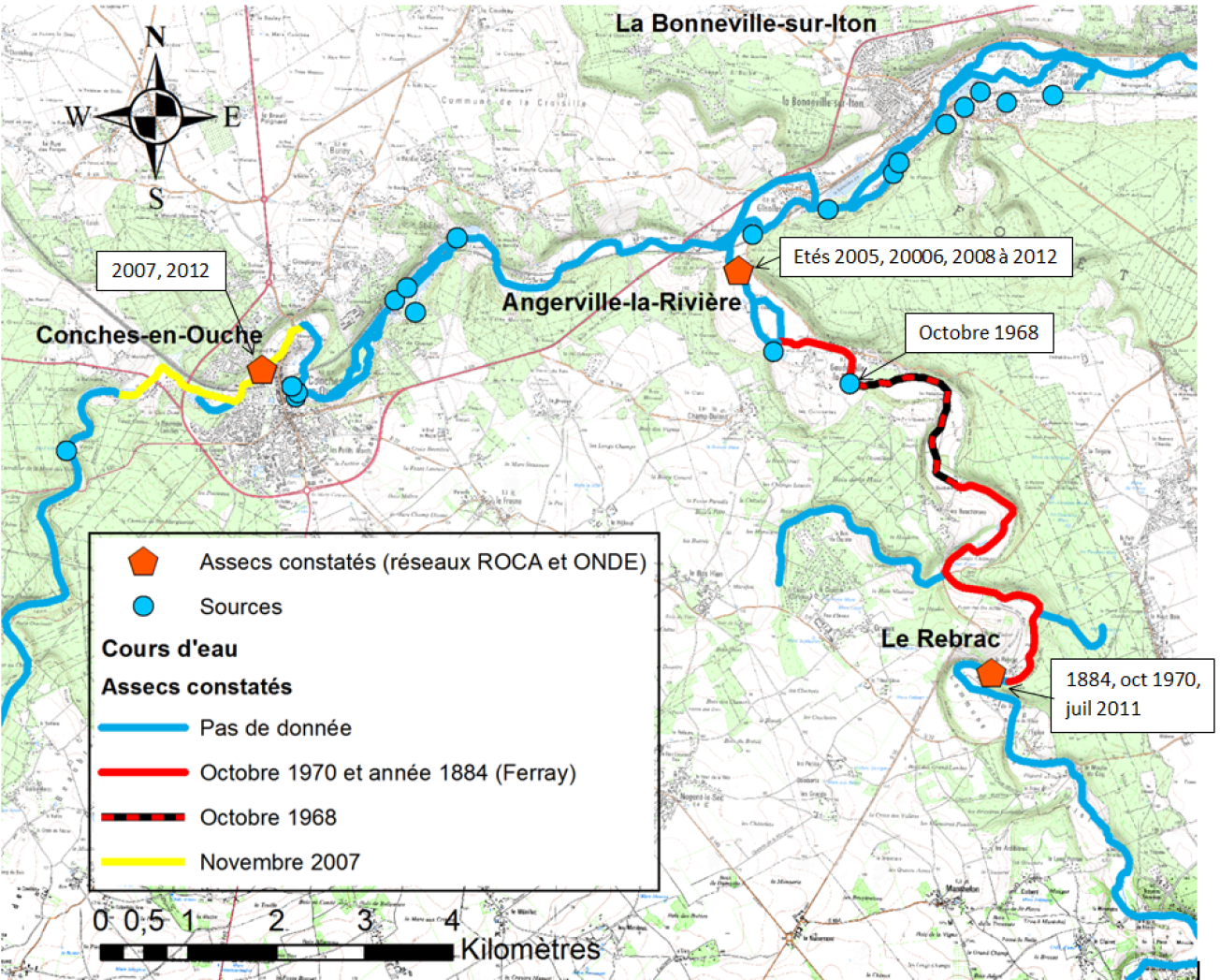 Localisation des différents assecs observés dans le passé sur le Rouloir et l’Iton