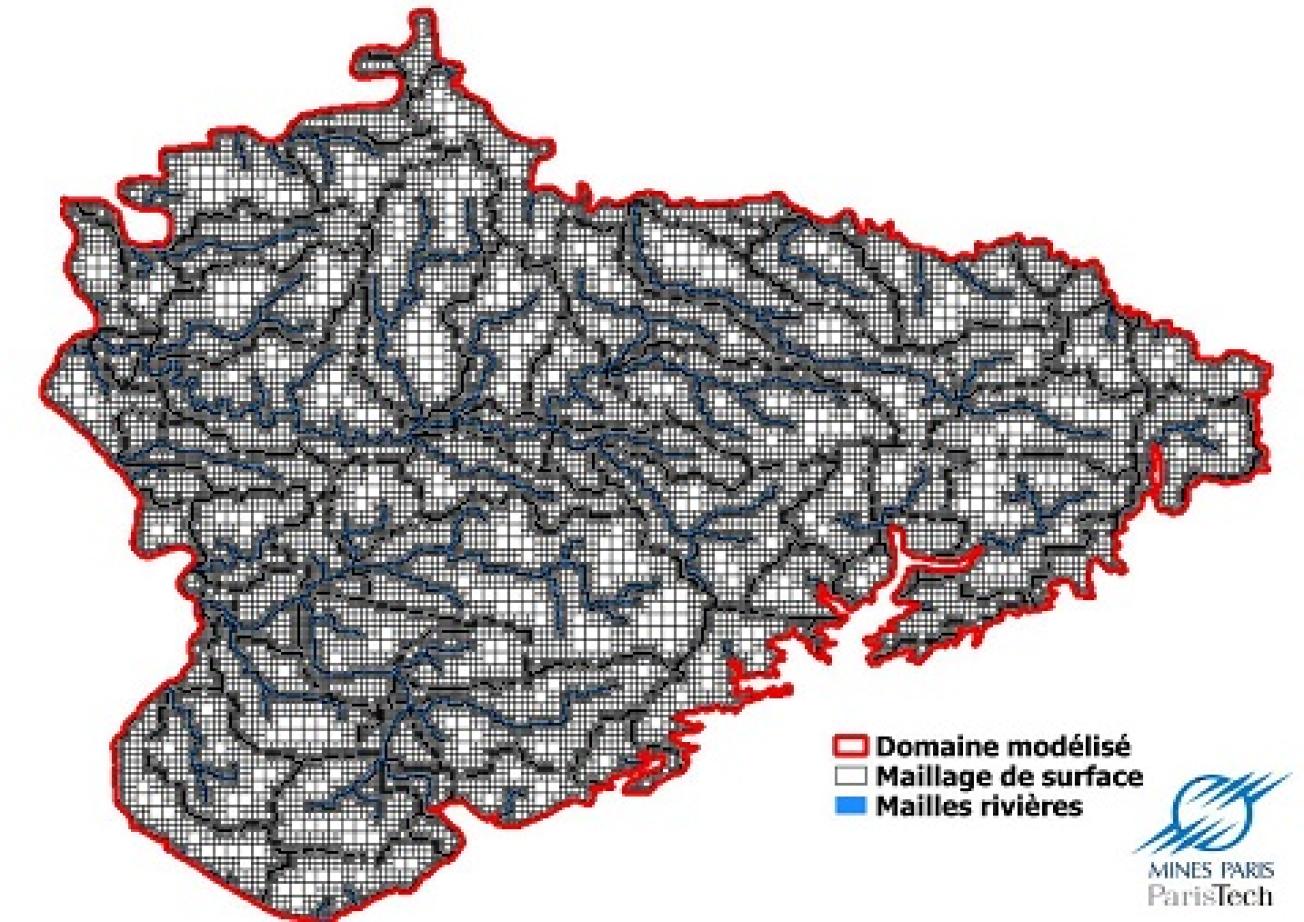 Le maillage du modèle Armines (132 091 mailles de 1 km de coté en zone de plateau à 125 m dans les vallées) (Mines - ParisTech)