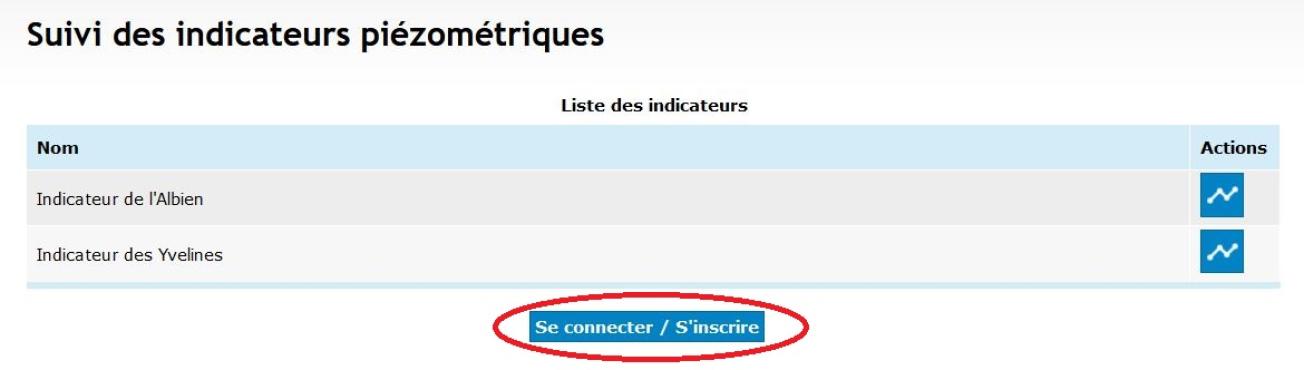 « se connecter / s’inscrire » de la page d’accueil du Suivi des indicateurs piézométriques