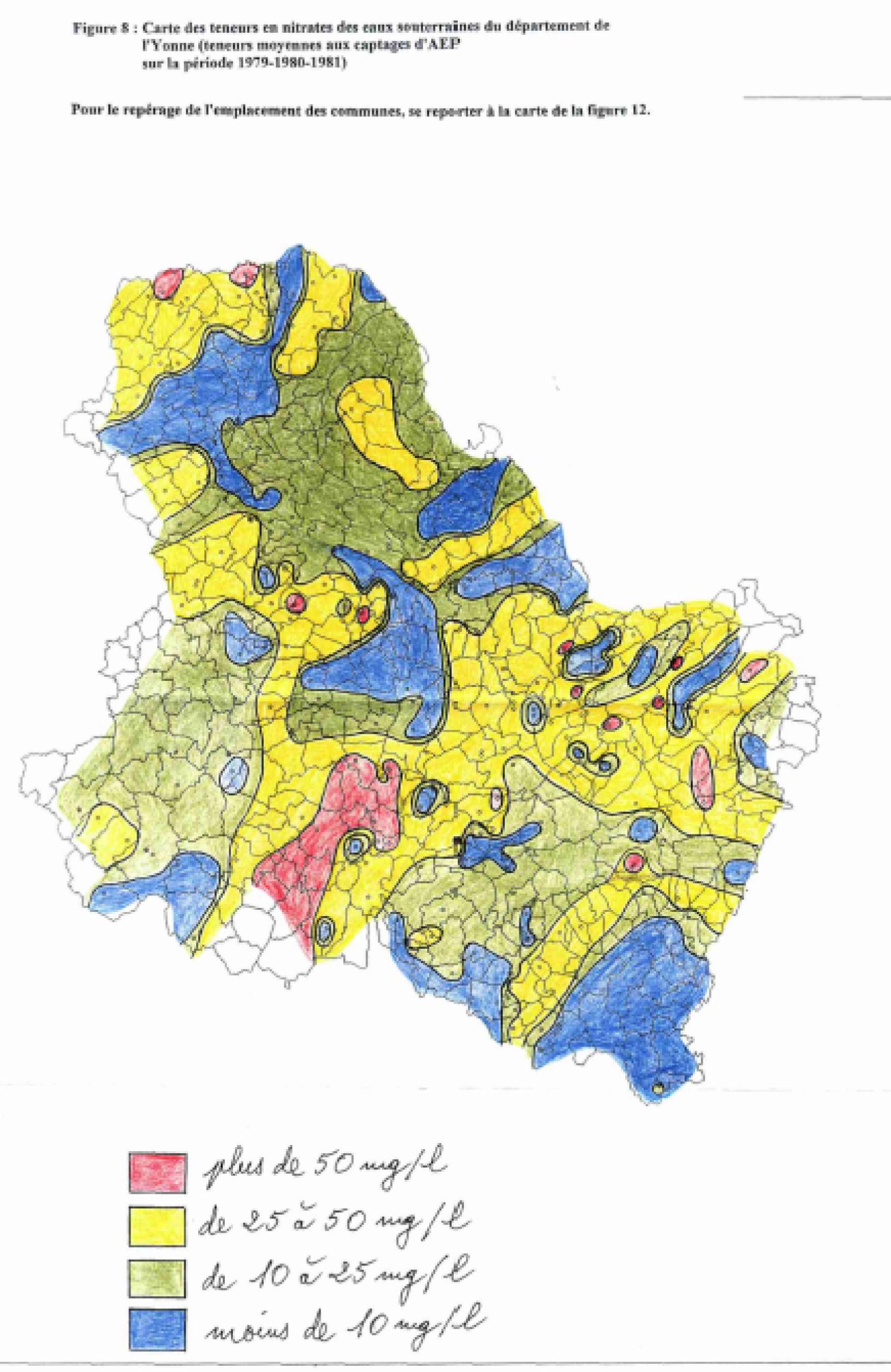 Carte des teneurs en nitrates des eaux souterraines du département de l’Yonne : Teneurs moyennes aux captages AEP sur la période 1979-1980-1981 