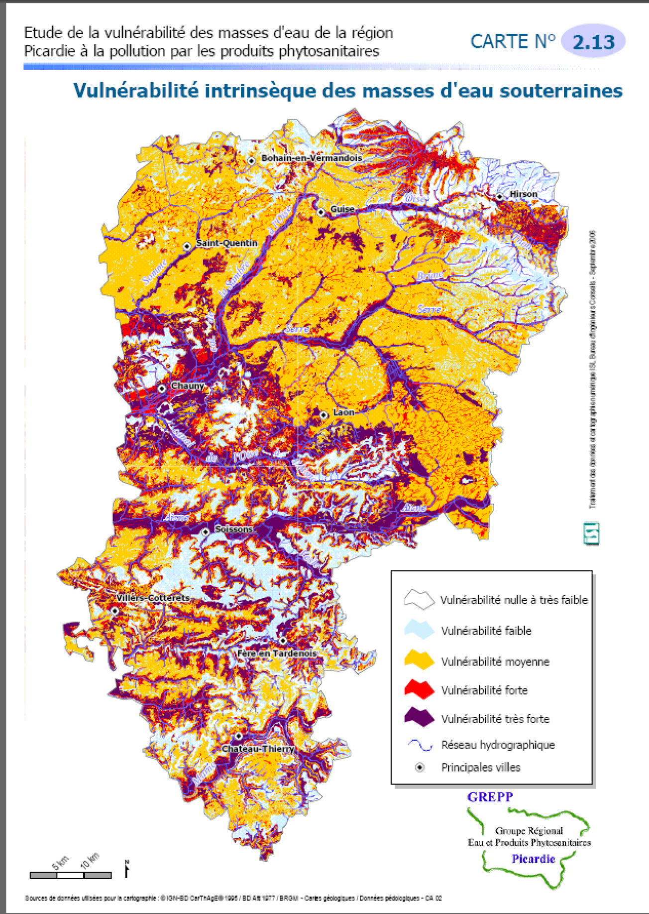 Carte de vulnérabilité intrinsèque des masses d’eau souterraines du département de l’Aisne (GREPP)