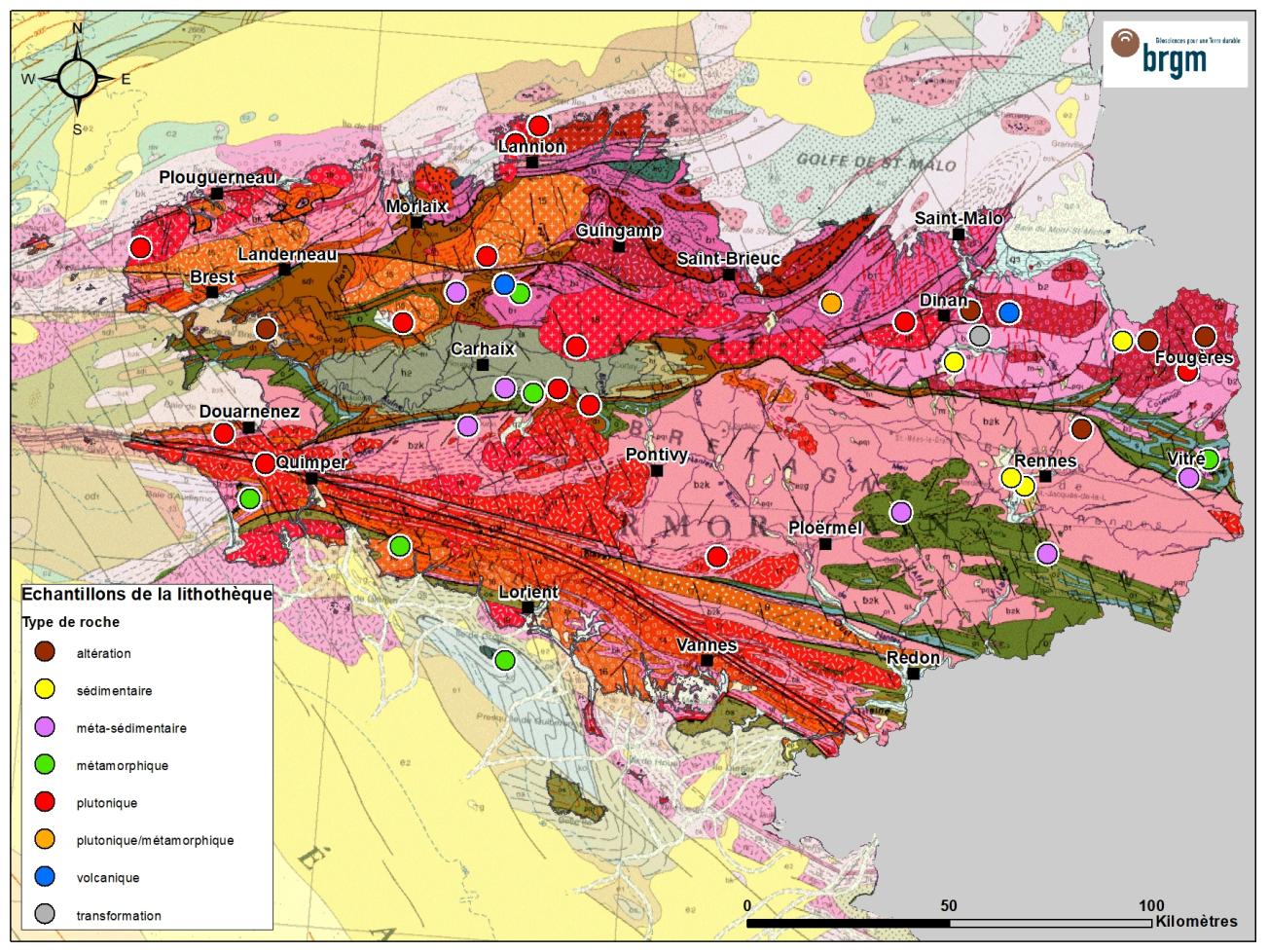 Carte des échantillons de la lithothèque Bretagne