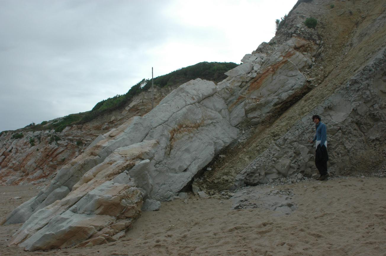 Figure 3 - Affleurement de la limite Crétacé-Tertiaire et du calcaire rose du Danien sur la plage du Pavillon Royal - Bidart