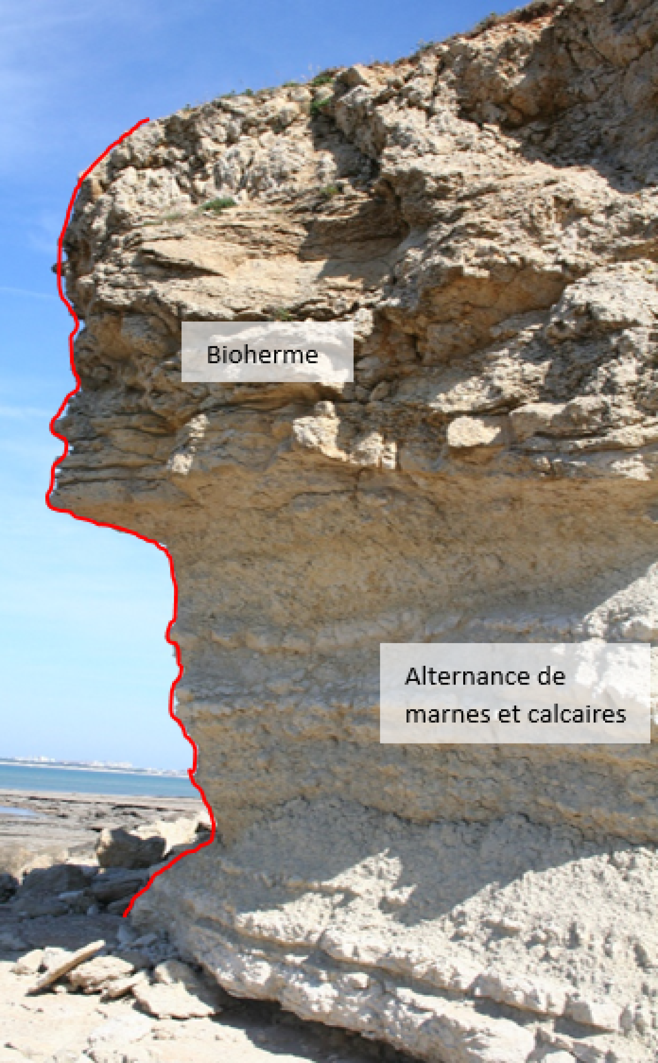 Figure 7 - Photo légendée de la falaise entre la Pointe du Chay et la pointe de la Belette (©BRGM,2023)