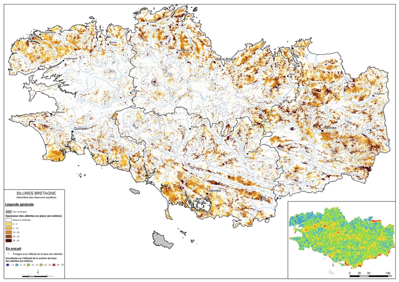 Epaisseur des altérites en place (en mètres). Echelle : 1/250 000. BRGM, 2008.