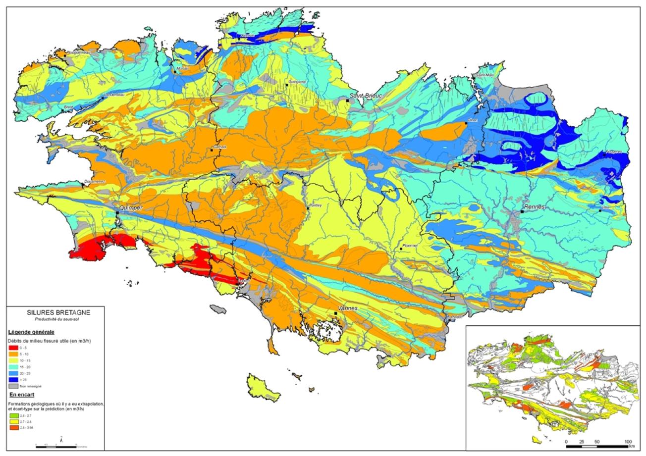 Débits du milieu fissuré utile (en m3/h). Echelle : 1/250 000. BRGM, 2008.