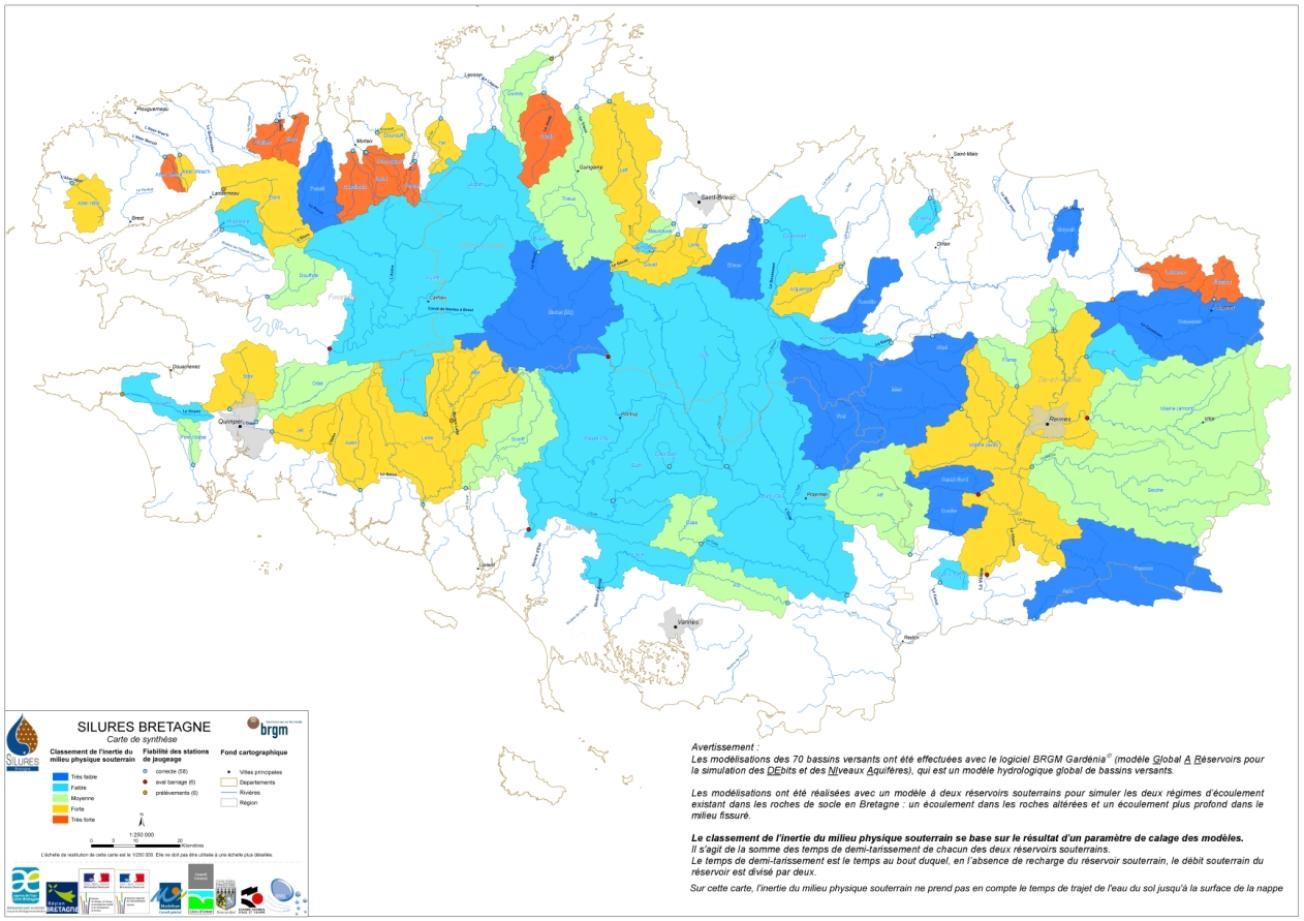 Classement de l’inertie du milieu physique souterrain. Echelle : 1/250 000. BRGM, 2008.
