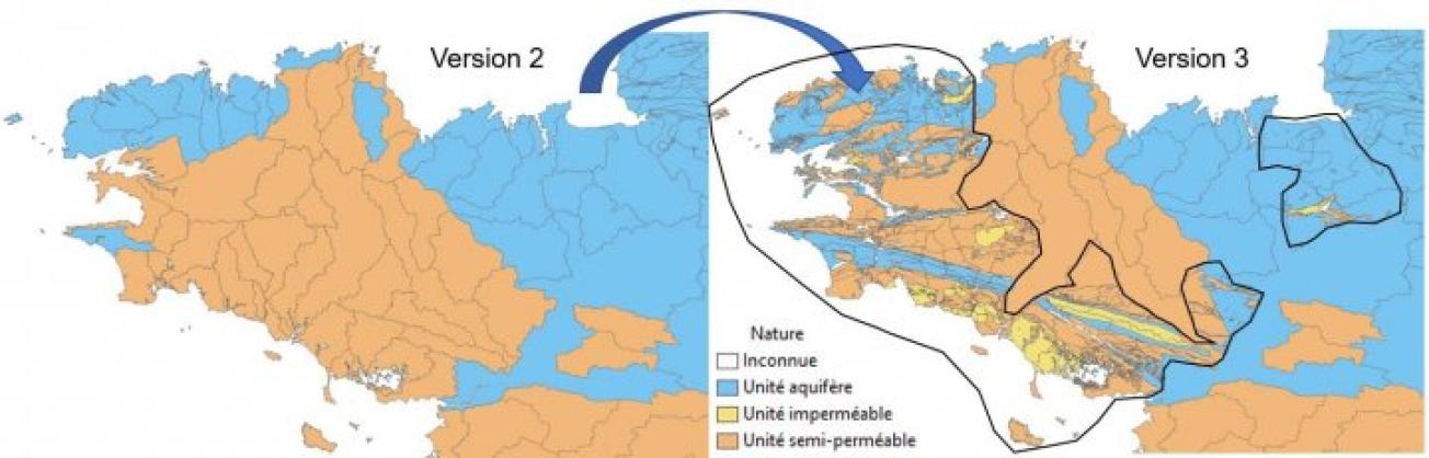 Evolution des entités du socle du Massif armoricain entre les versions 2 et 3