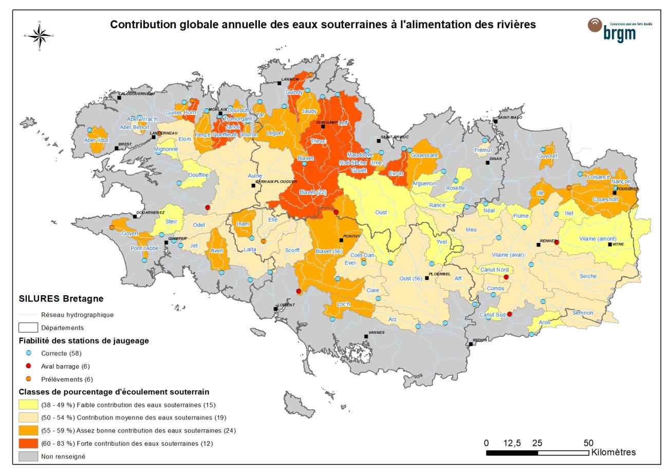 Contribution globale annuelle des eaux souterraines à l’alimentation des rivières. Echelle : 1/250 000. BRGM, 2008.