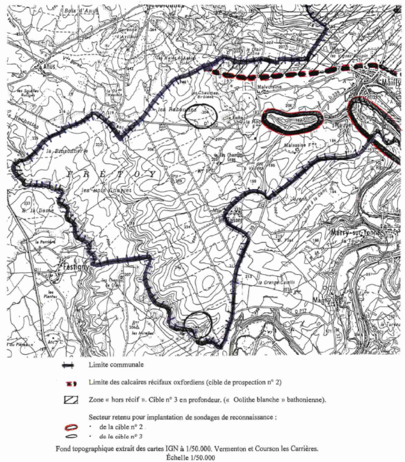 Secteurs favorables à la recherche d’eau par sondage à Mailly le Château (Zone ouest) (CORNET.J., JAUFFRET.D., 1998)