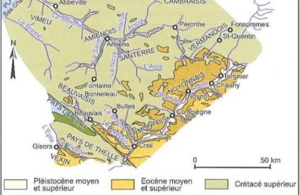 Carte simplifiée de la Picardie crayeuse ( Extrait de « Aquifères et eaux souterraines en France », 2006)