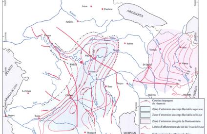 Carte d’extension et d’épaisseur des réservoirs du Trias (modifié d’après Housse et Maget, 1976 - Extrait du Rapport BRGM/RP-56463-FR (Bouchot et al., 2008 a))