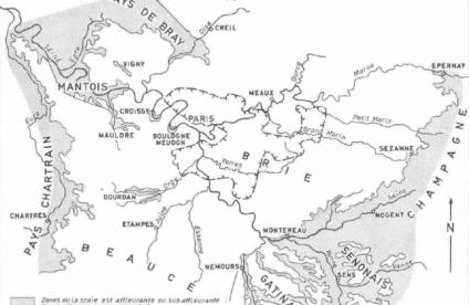Carte schématique de la craie profonde au centre du Bassin Parisien. Les tirets localisent la craie très profonde (Mégnien C. et al, 1970)