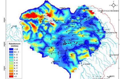 Nappe de la craie - Baisse du niveau moyen de la nappe sur la période 2046-2065 (moyenne des sept modèles de climat) par rapport à la période de référence (1961-1990) (EXPLORE 2070)