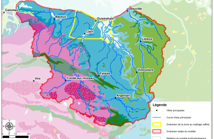 Extension du modèle hydrogéologique sur les secteurs de la plaine de Caen, du Bessin et du bassin de la Dives. 