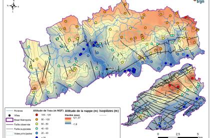 Carte piézométrique hautes eaux 2021 sur le territoire de Brest Métropole (rapport BRGM/RP-71268-FR)