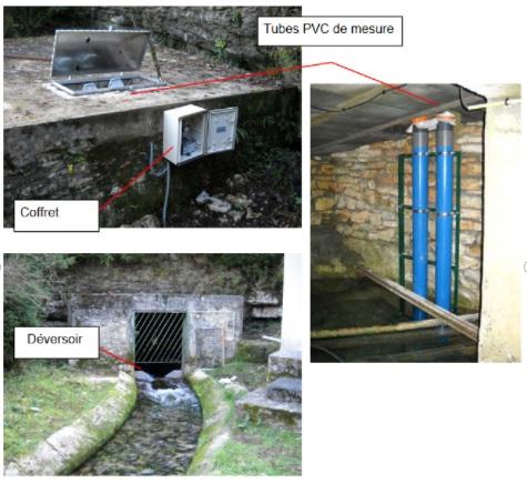 Exemple de station hydrométrique équipée d’un déversoir et d’une station de mesure des hauteurs d’eau (Station de Rigal-Bas - 08327X0007/HY)
© BRGM
Station hydrométrique équipée