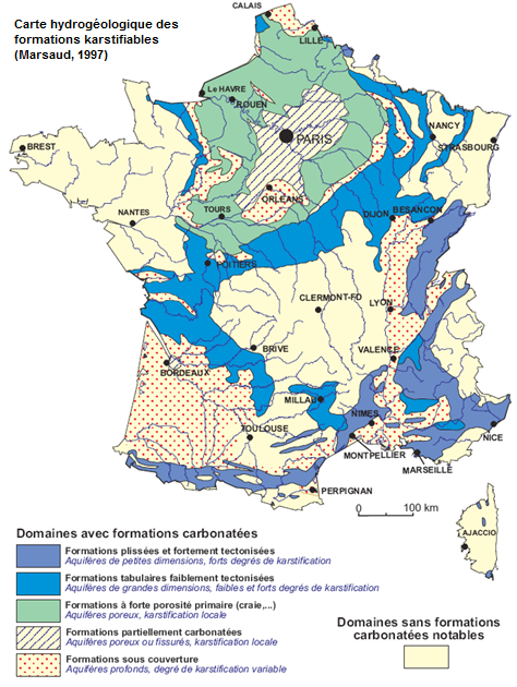 Carte hydrogéologique des formations karstifiables (Marsaud, 1997)
© BRGM
Carte hydrogéologique des formations karstifiables