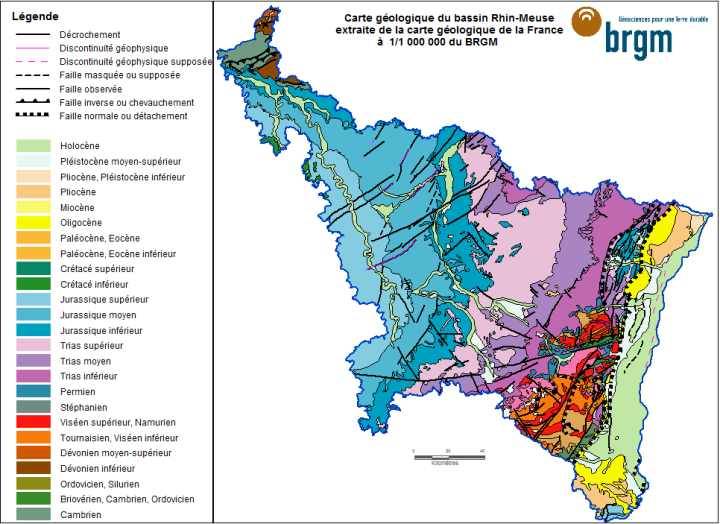 Carte géologique du bassin Rhin-Meuse (extrait de la carte géologique de la France à 1/1 000 000 du BRGM)
BRGM
Carte géologique du bassin Rhin-Meuse