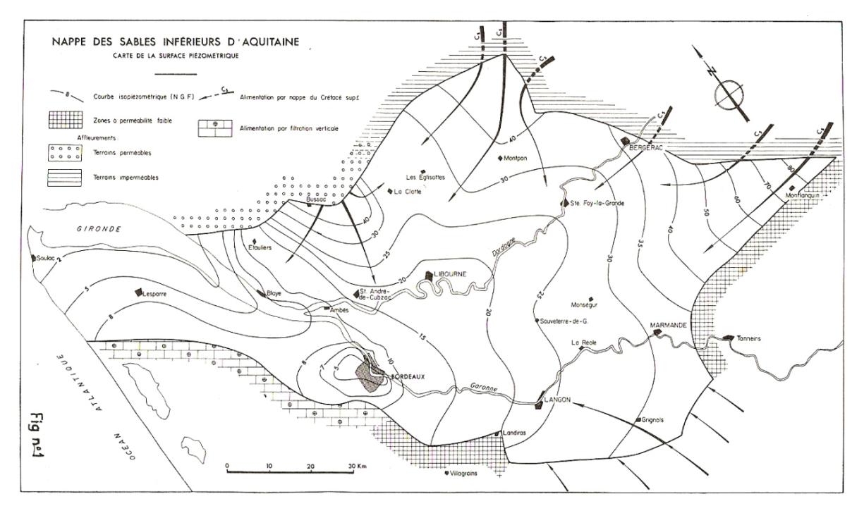 Carte de la surface piézométrique - Nappe des sables inférieurs d’Aquitaine
CESEAU
Carte piézométrique des sables inférieurs d'Aquitaine