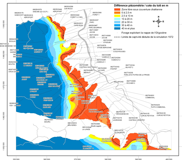 Figure 2 - Extension de la zone dénoyée estimée à partir du modèle (scénario 4 - année 2025 ; Saltel et al., 2010)
BRGM
Zone dénoyée dans l'Oligocène
