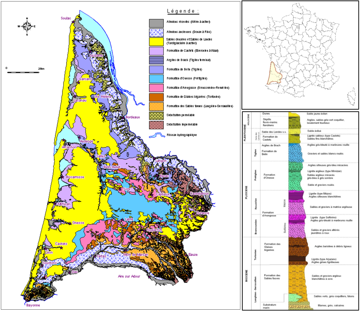Figure 1 - Carte géologique simplifiée du Triangle landais et succession lithostratigraphique synthétique des formations du Mio-Plio-Quaternaire
BRGM - (Karnay et al., 2008)
Géologie du Triangle landais