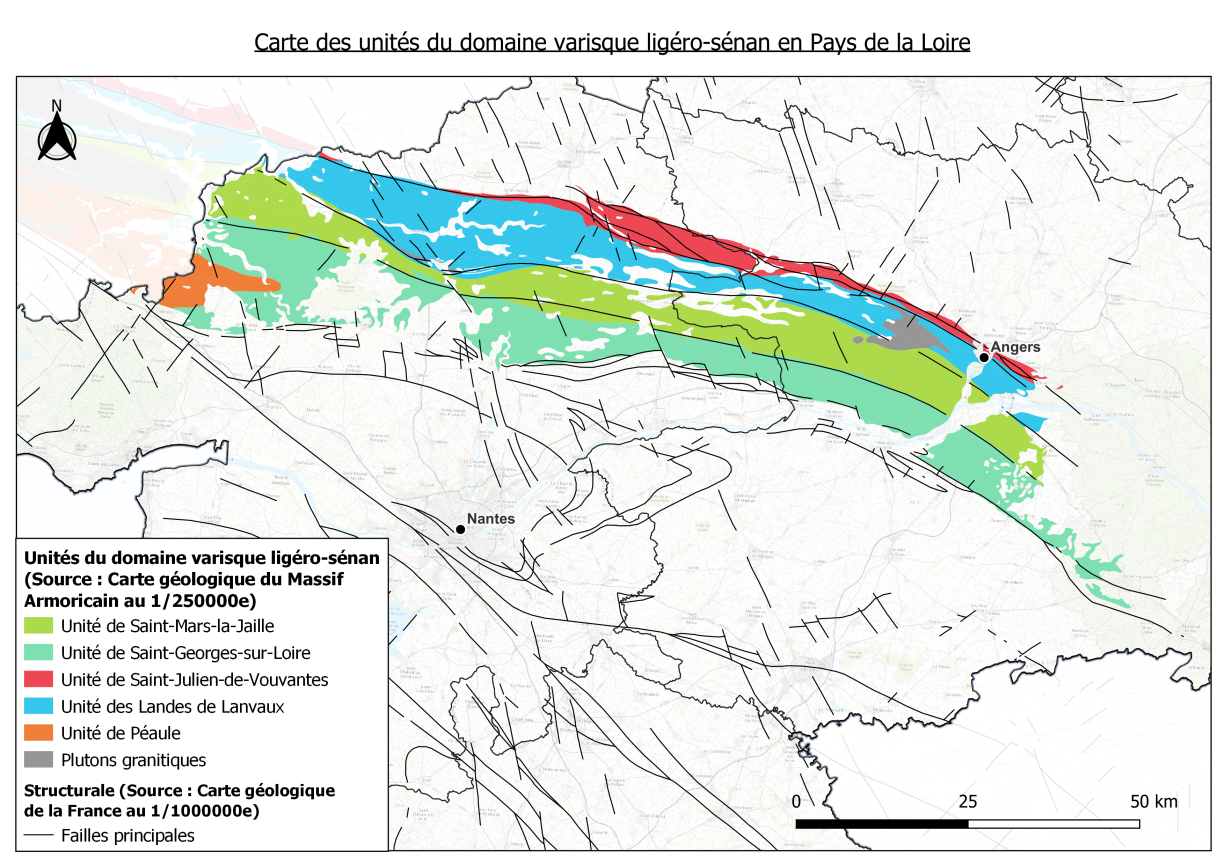 Carte des unités du domaine varisque ligéro-sénan en Pays de la Loire