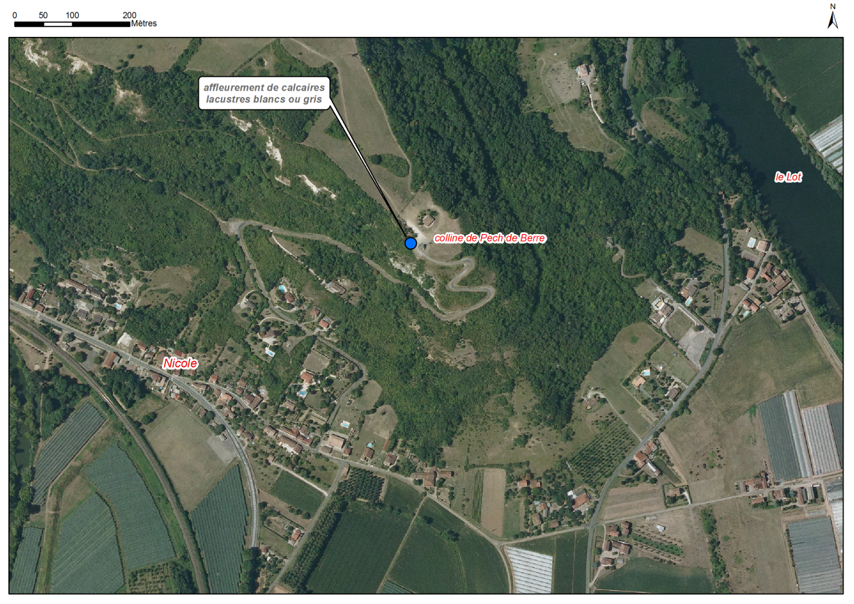 Localisation des affleurements décrits pour le site "Pech de Berre" (commune de Nicole)