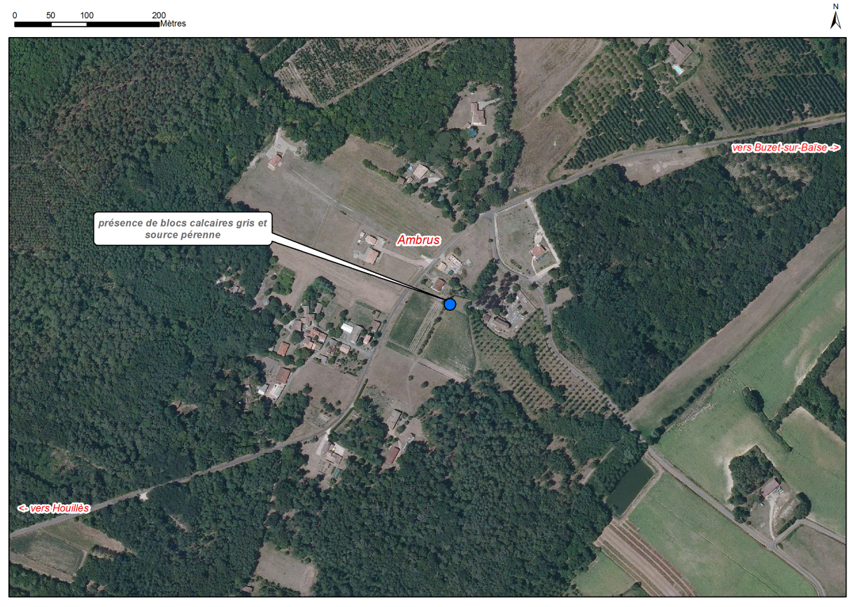 Localisation des affleurements décrits pour le site "Source de Notre-Dame-d'Ambrus" (commune d'Ambrus)