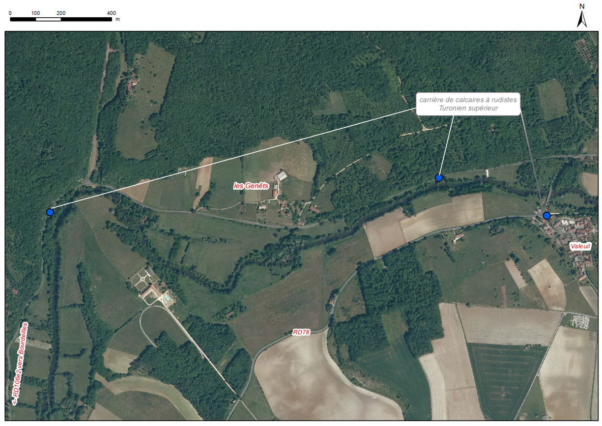 Localisation des affleurements décrits pour le site "Affleurements de calcaires bioclastiques" (communes de Valeuil et Bourdeilles)