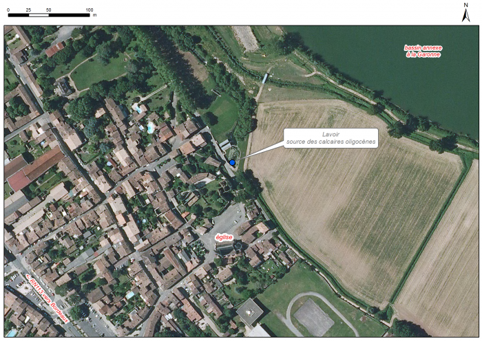 Localisation des affleurements décrits pour le site "Lavoir de Podensac" (commune de Podensac)