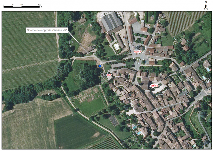 Localisation des affleurements décrits pour le site "Source de la grotte de Charles VII" (commune de Rions)
