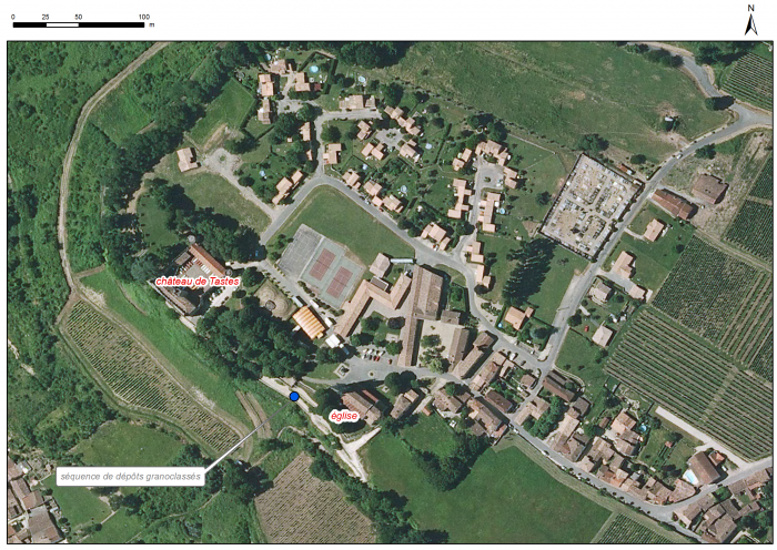 Localisation des affleurements décrits pour le site "Falaise d'huîtres fossiles et source" (commune de Sainte-Croix-du-Mont)