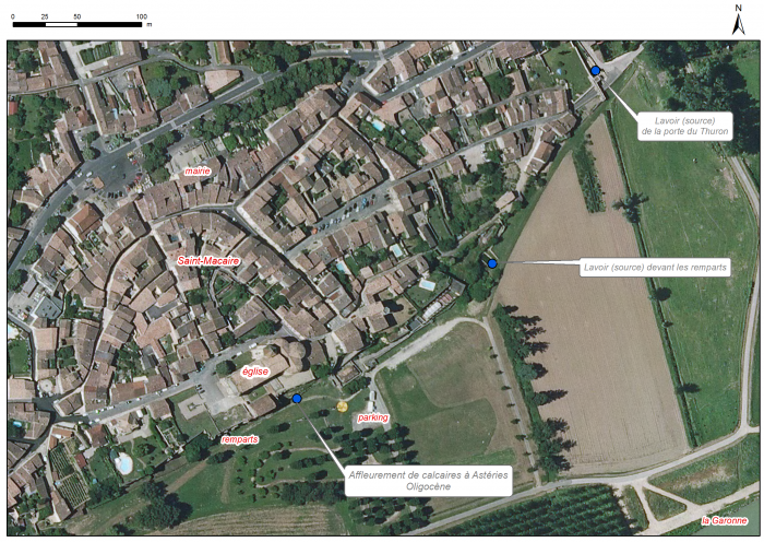 Localisation des affleurements décrits pour le site "Remparts de la citadelle et lavoirs" (commune de Saint-Macaire)