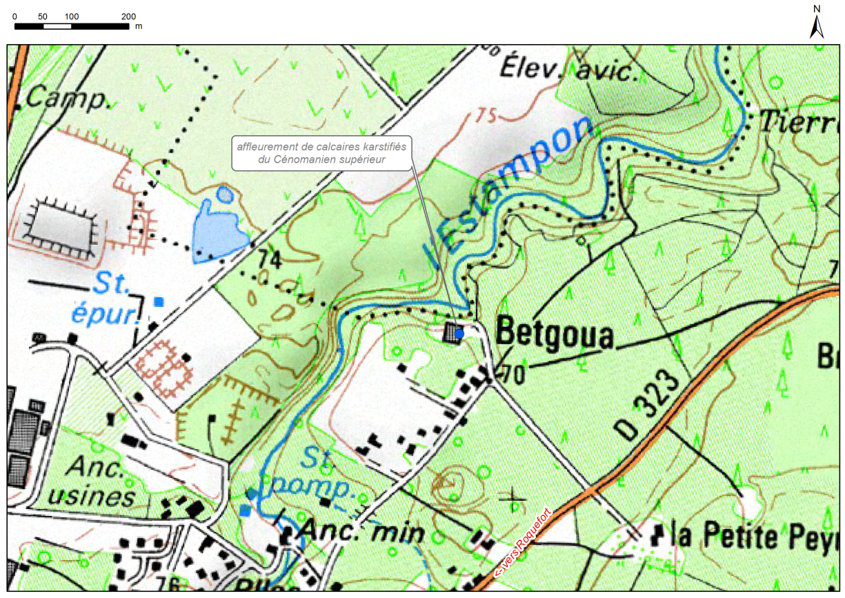 Carte de localisation du site "Berge Estampon" (commune de Roquefort)