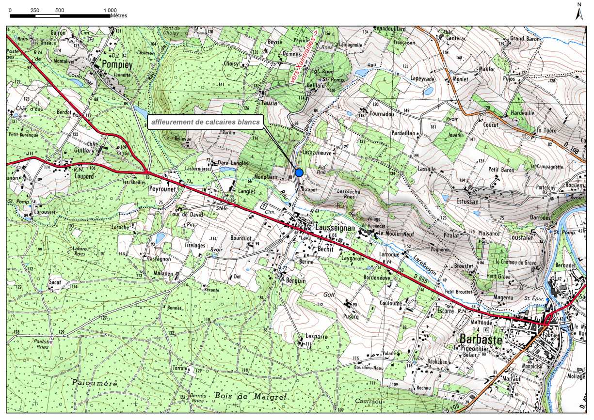 Carte de localisation du site "Affleurement d'Ascapot" (commune de Barbaste)