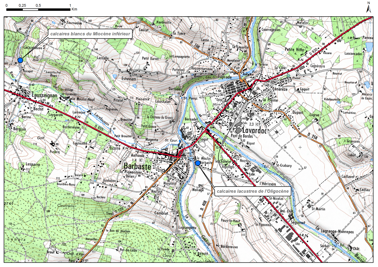 Carte de localisation du site "Affleurement du moulin des tours" (commune de Barbaste)