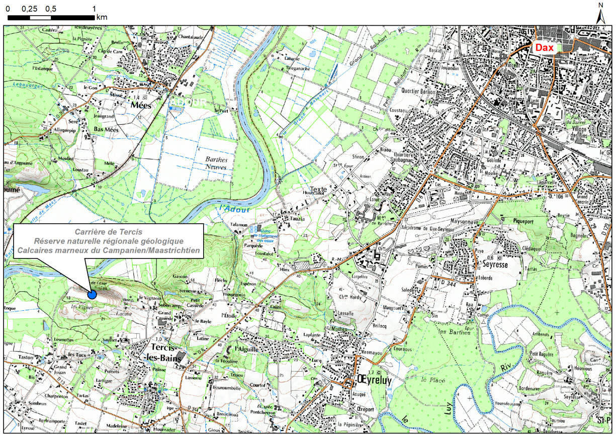 Carte de localisation du site "Réserve Naturelle Régionale géologique des anciennes carrières de Tercis (commune de Tercis-les-Bains)
© IGN, Convention N°0137/GIP ATGeRi
Carte de localisation du site "Réserve Naturelle Régionale géologique des anciennes carrières de Tercis (commune de Tercis-les-Bains)