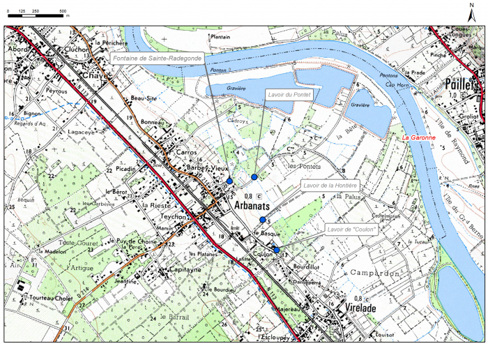 Carte de localisation du site Fontaine de Sainte Radegonde (commune d'Arbanats)