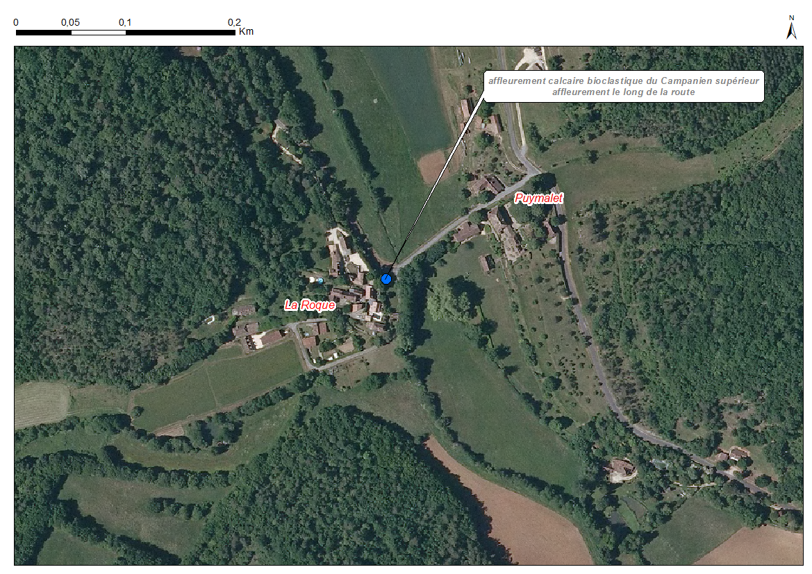 Localisation des affleurements décrits pour le site "La Roque" (commune de Campsegret)